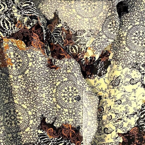 Emma James ruffle earth tone print button front bracelet sleeve blouse 12 EUC - Picture 10 of 14